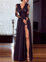 Women's Dresses V-Neck Lace Long Sleeve Split Evening Dress