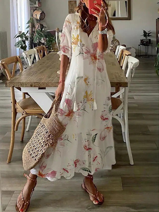 Women's Dresses V-Neck Printed Beard Mid-Sleeve Maxi Dress