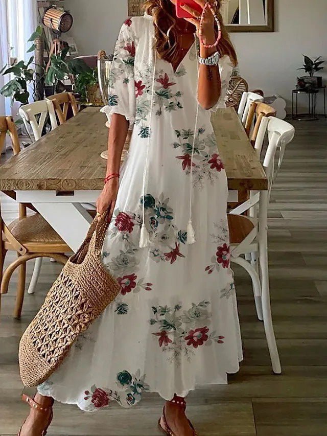 Women's Dresses V-Neck Printed Beard Mid-Sleeve Maxi Dress