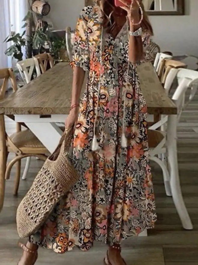 Women's Dresses V-Neck Printed Beard Mid-Sleeve Maxi Dress