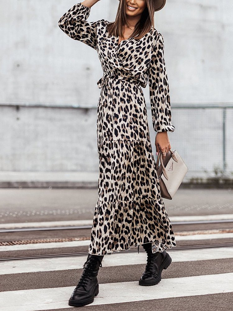 Women's Dresses V Neck Strap Leopard Printed Midi Dress