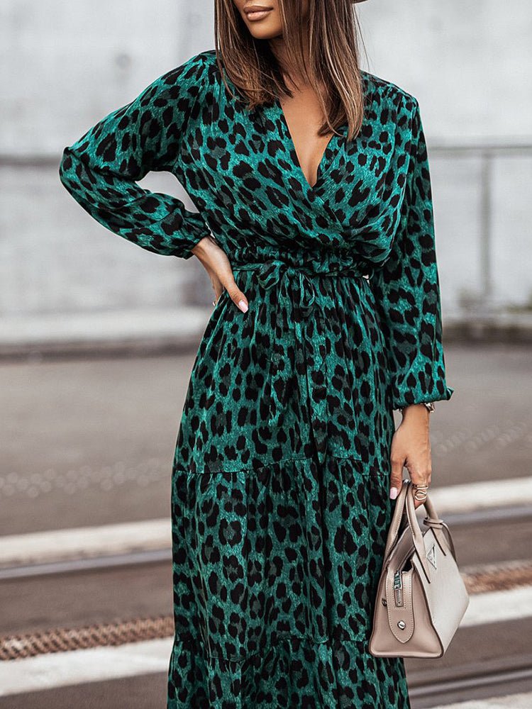 Women's Dresses V Neck Strap Leopard Printed Midi Dress