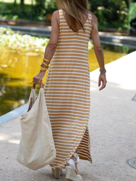 Women's Dresses V-Neck Striped Print Casual Maxi Dress