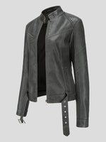 Women's Jackets Stand-Up Collar Slim Belt Leather Jacket