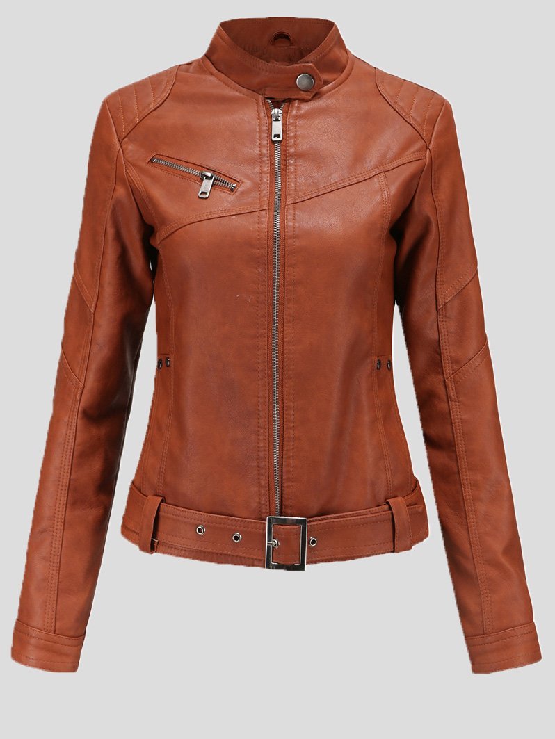 Women's Jackets Stand-Up Collar Slim Belt Leather Jacket