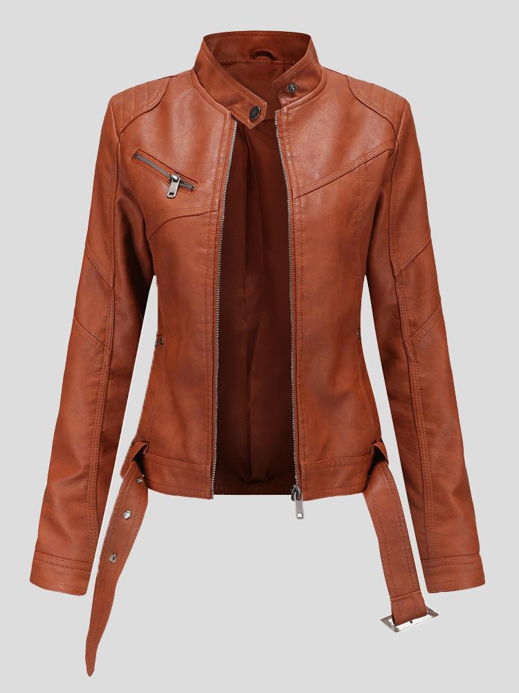 Women's Jackets Stand-Up Collar Slim Belt Leather Jacket