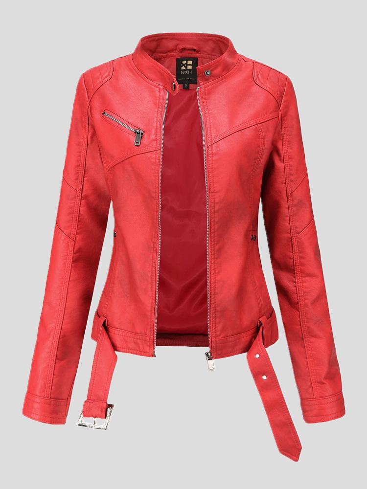 Women's Jackets Stand-Up Collar Slim Belt Leather Jacket