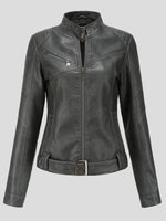 Women's Jackets Stand-Up Collar Slim Belt Leather Jacket