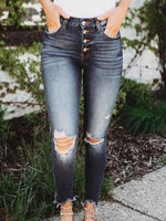 Women's Jeans Ripped Buttons Slim Mid-Rise Jeans