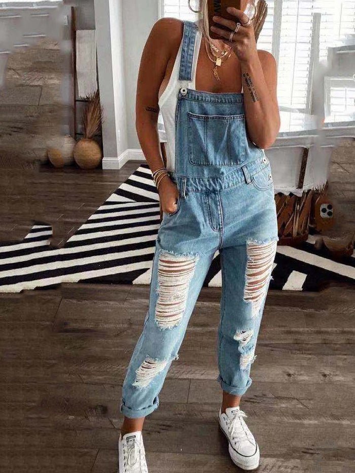 Women's Jumpsuits Casual Ripped Pocket Denim Jumpsuit