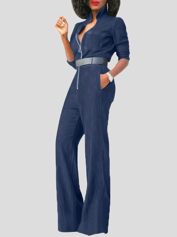 Women's Jumpsuits Lapel Zip Long Sleeve Denim Jumpsuit