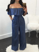 Women's Jumpsuits One-Shoulder Ruffled Lace-Up Denim Jumpsuit