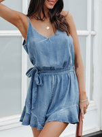 Women's Jumpsuits Suspender Tie Ruffled Denim Jumpsuit