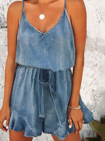 Women's Jumpsuits Suspender Tie Ruffled Denim Jumpsuit