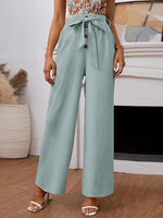 Women's Pants Casual Solid Button Lace Up Wide Leg Pants