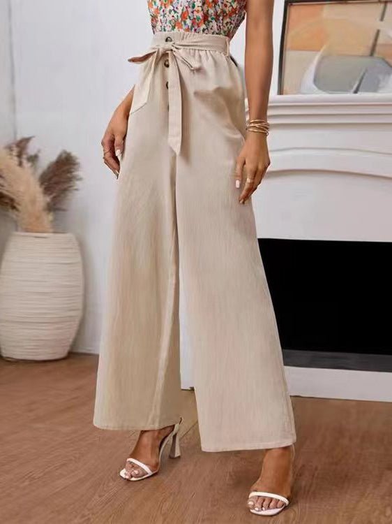 Women's Pants Casual Solid Button Lace Up Wide Leg Pants