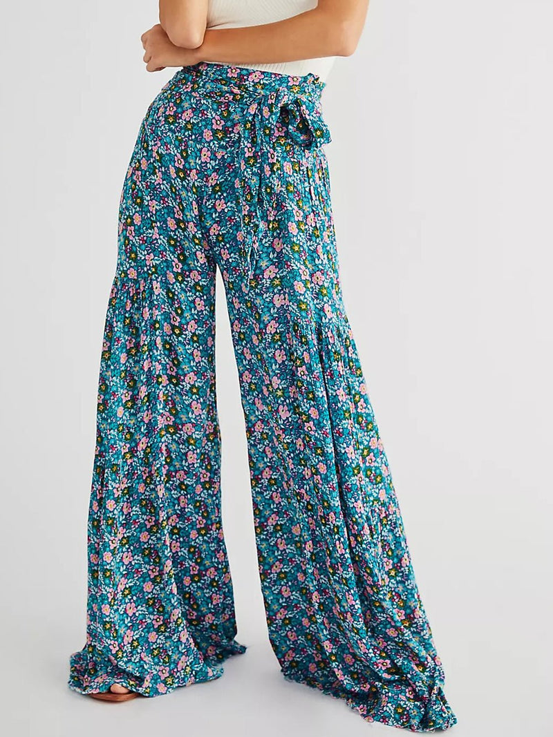 Women's Pants Printed Wide Leg Belted Casual Pants