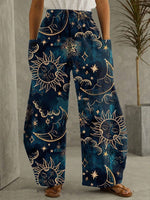 Women's Pants Sun Moon Print Pocket Elastic Wide Leg Pants