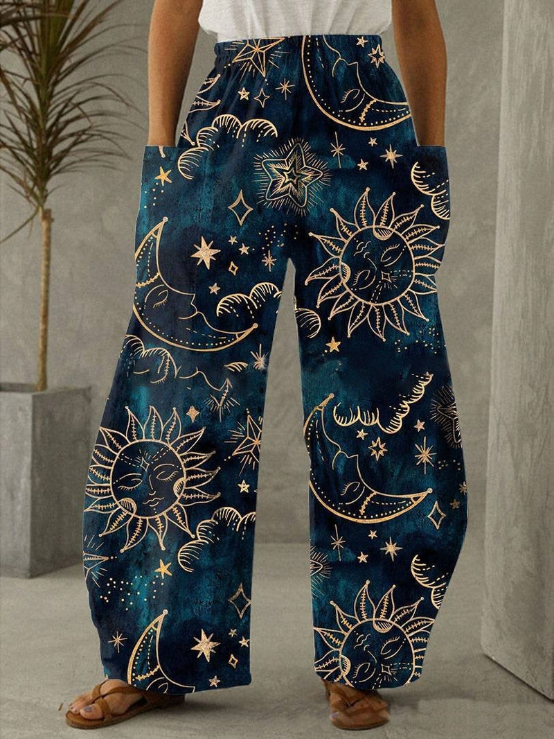 Women's Pants Sun Moon Print Pocket Elastic Wide Leg Pants