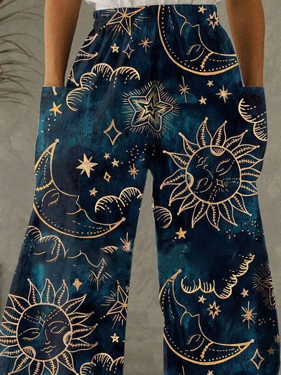 Women's Pants Sun Moon Print Pocket Elastic Wide Leg Pants