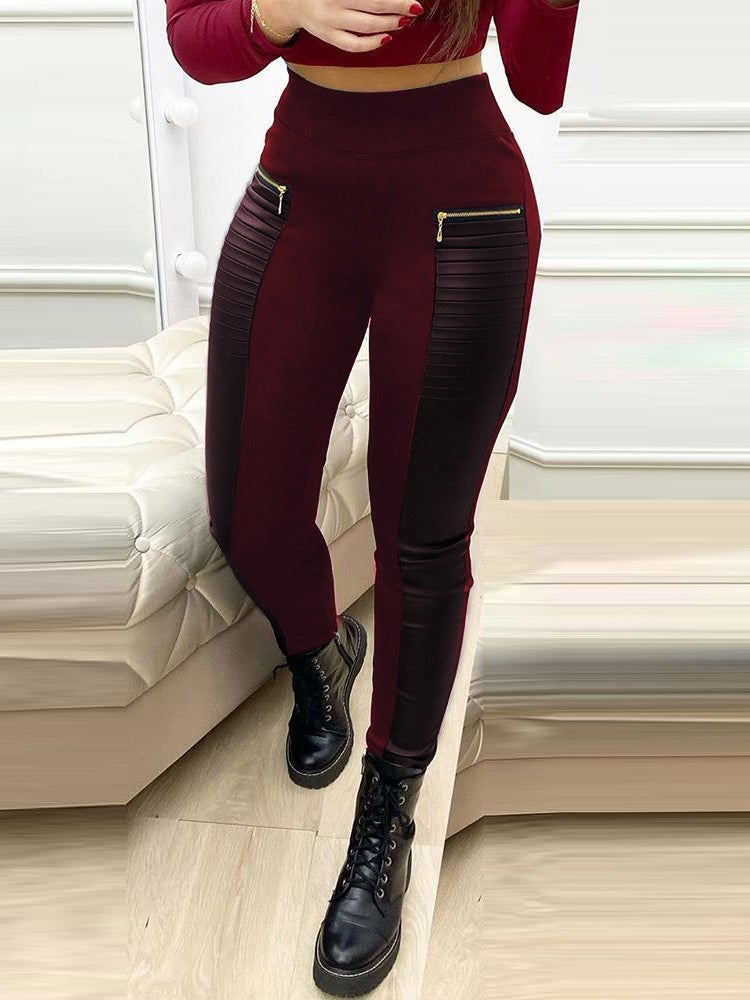 Women's Pants Zipper Leather Panel Skinny Trousers