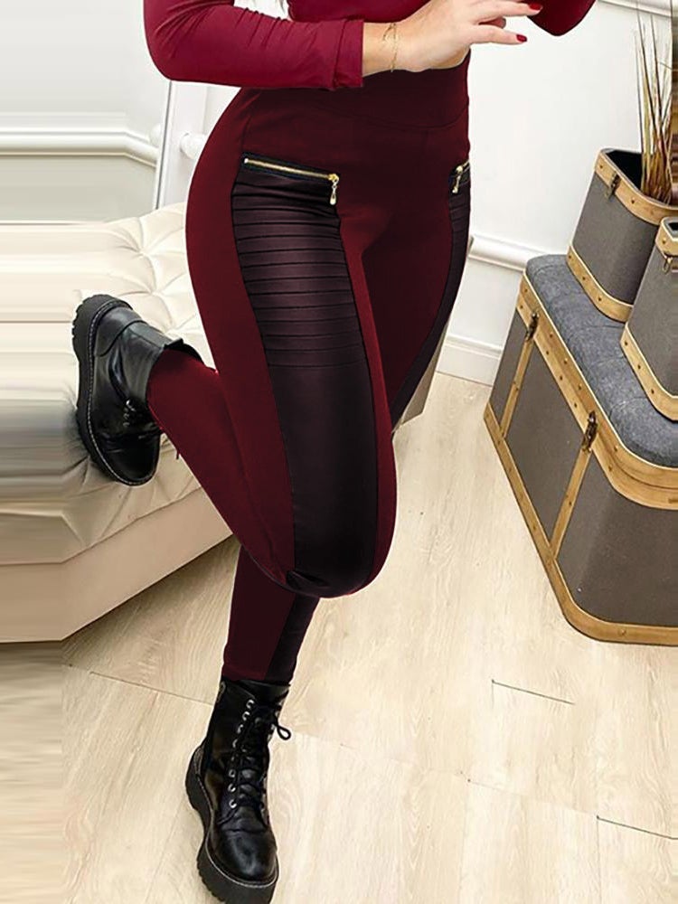 Women's Pants Zipper Leather Panel Skinny Trousers