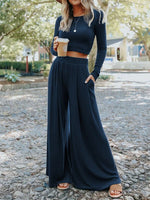 Women's Sets Casual Long Sleeve Crop Top & Wide Leg Pants Knit Two Piece Set