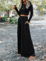 Women's Sets Casual Long Sleeve Crop Top & Wide Leg Pants Knit Two Piece Set