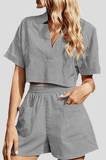 V Neck Crop Blouse Pockets Shorts Set