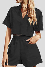 V Neck Crop Blouse Pockets Shorts Set