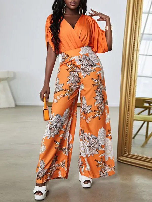 Women's Sets Doll Sleeve Top & Printed Trousers Two-Piece Set