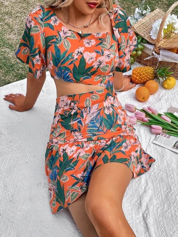 Women's Sets Floral Short Sleeve Top & Skirt Two Piece Set