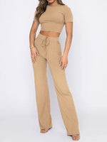 Women's Sets High Stretch Short Sleeve & Wide Leg Pants Two Piece Set