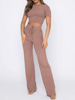 Women's Sets High Stretch Short Sleeve & Wide Leg Pants Two Piece Set