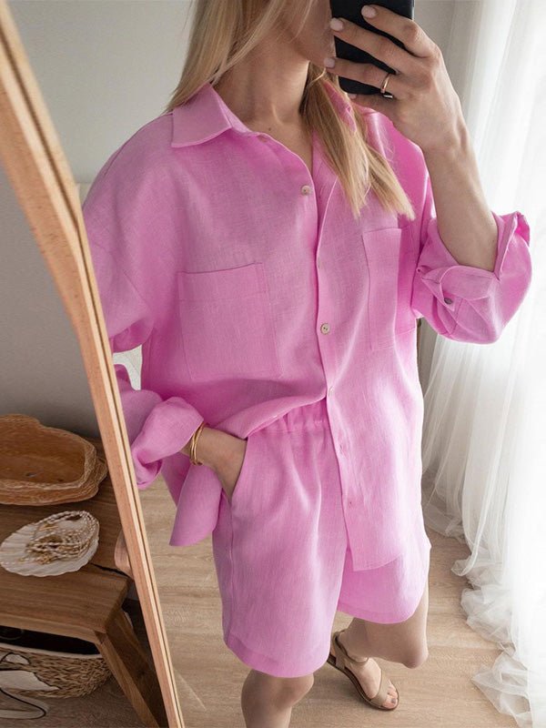 Women's Sets Long Sleeve Shirt & Elastic Waist Shorts Two-Piece Set