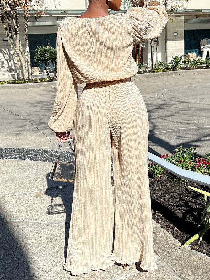 Women's Sets Loose Pleated Long Sleeve Top & Wide Leg Pants Two Piece Set