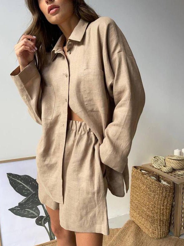 Women's Sets Loose Solid Long Sleeve Shirt & Shorts Two-Piece Set