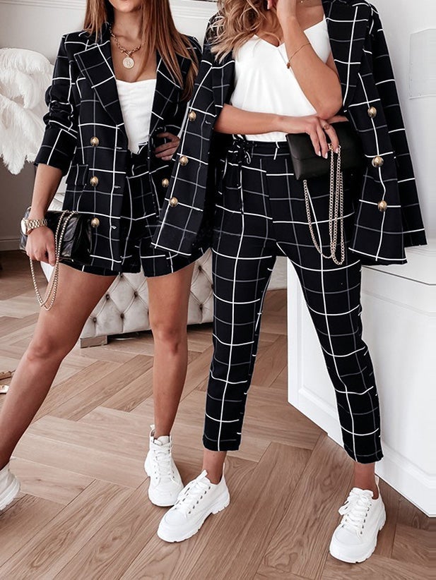 Women's Sets Plaid Double-Breasted Blazers & Trousers Two-Piece Suit