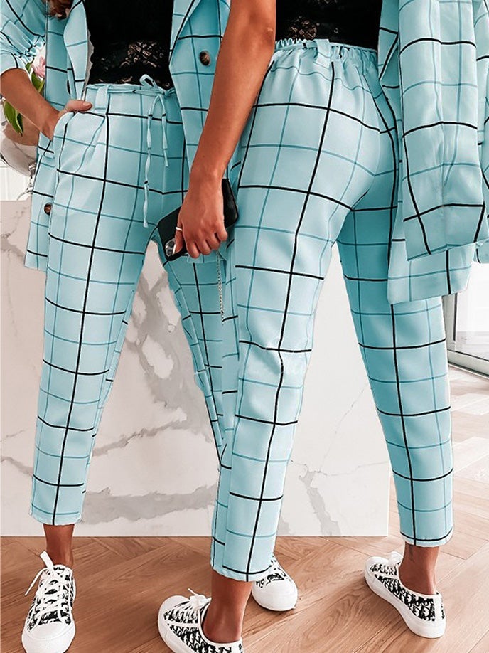 Women's Sets Plaid Double-Breasted Blazers & Trousers Two-Piece Suit