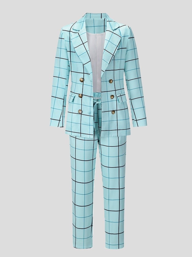 Women's Sets Plaid Double-Breasted Blazers & Trousers Two-Piece Suit