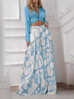 Women's Sets Printed Lace-Up Shirt & Wide Leg Pants Two-Piece Set