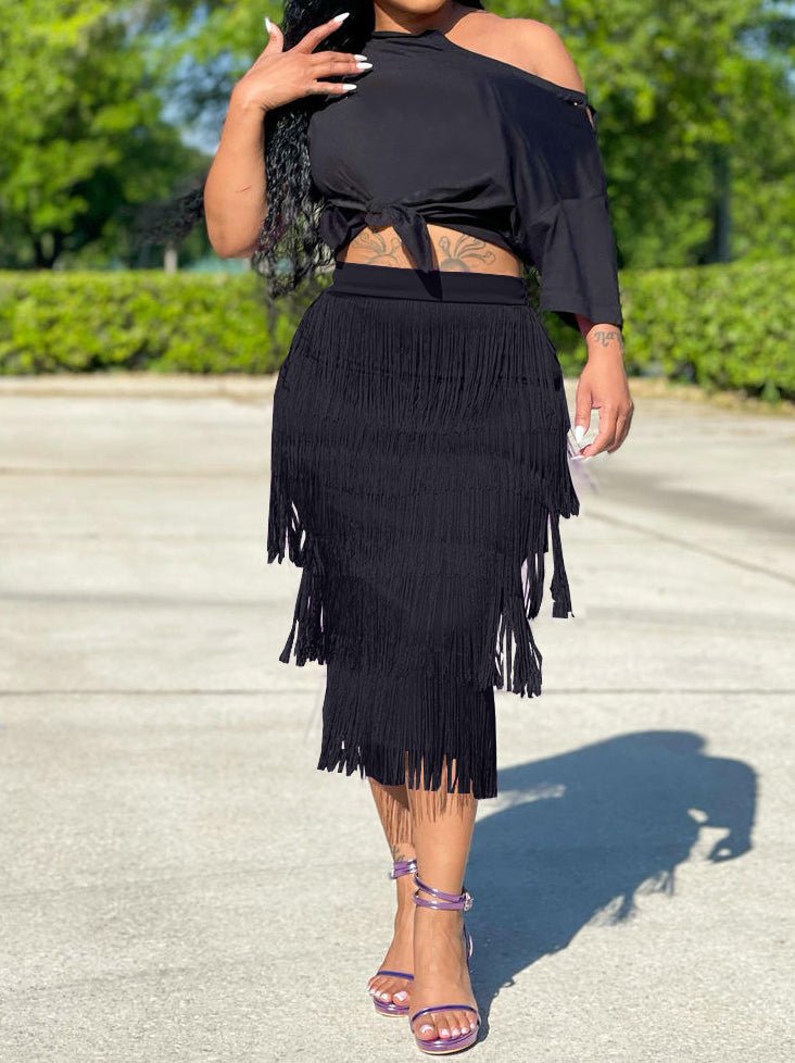 Women's Sets Sloping Shoulder Crop Top & Fringe Skirt Two-Piece Set