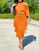 Women's Sets Sloping Shoulder Crop Top & Fringe Skirt Two-Piece Set