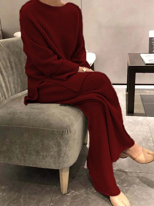 Women's Sets Solid Knitted Long Sleeve Sweater Pants Casual Two-piece Suit