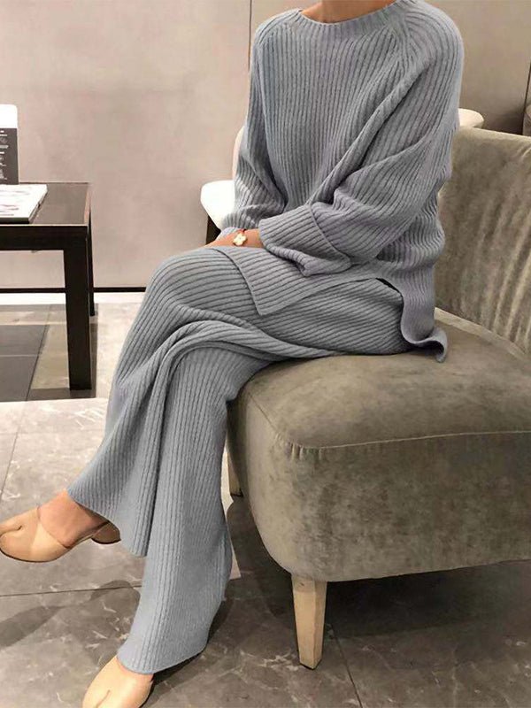 Women's Sets Solid Knitted Long Sleeve Sweater Pants Casual Two-piece Suit