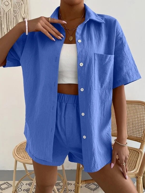 Women's Sets Solid Short Sleeve Shirt & Shorts Two Piece Set