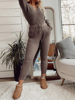 Women's Sets Solid V-Neck Long Sleeve Pants Casual Two-Piece Set