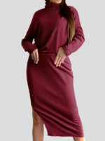 Women's Sets Turtleneck Long Sleeve Top & Slit Skirt Two Piece Set