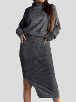 Women's Sets Turtleneck Long Sleeve Top & Slit Skirt Two Piece Set