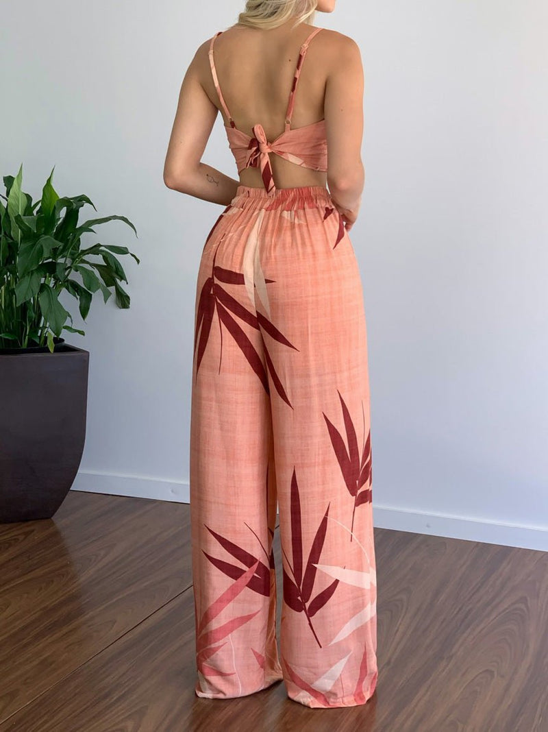 Women's Sets V-Neck Cropped Tank Top & Printed Wide-Leg Pants Two-Piece Set